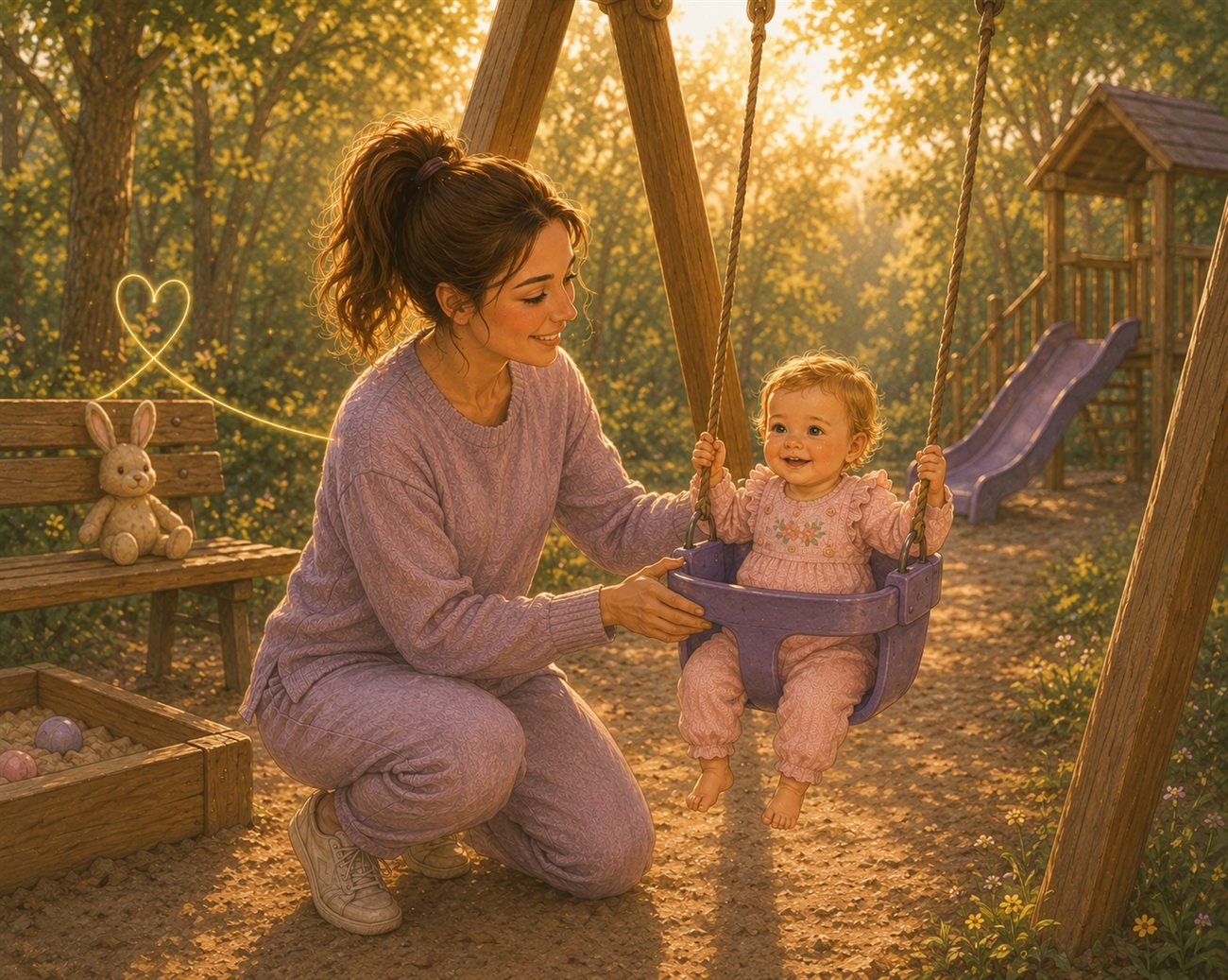 A mother pushing her smiling baby on a swing in golden evening light