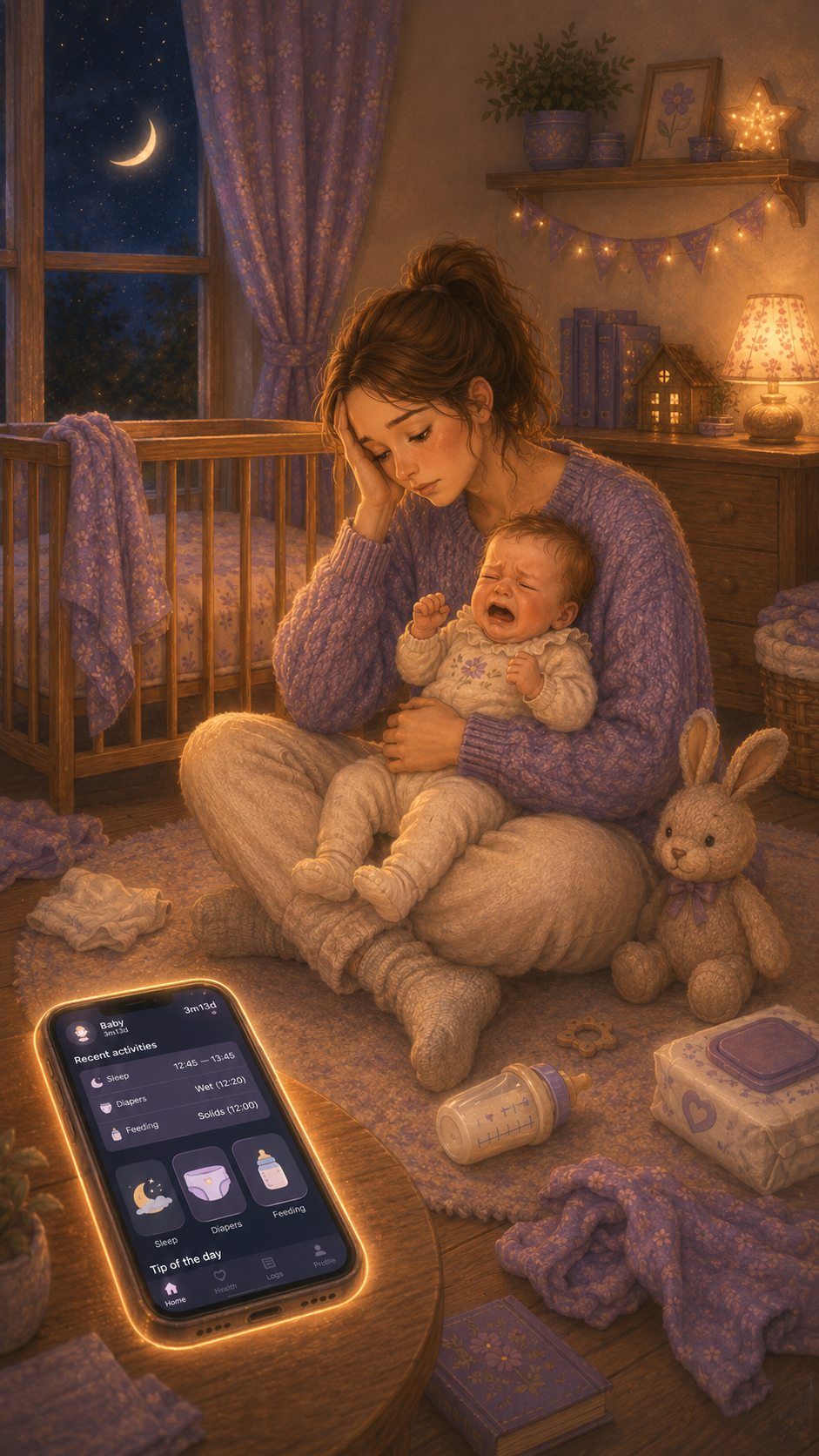 A tired mother holding her crying baby at night, with the heymama baby app on her phone