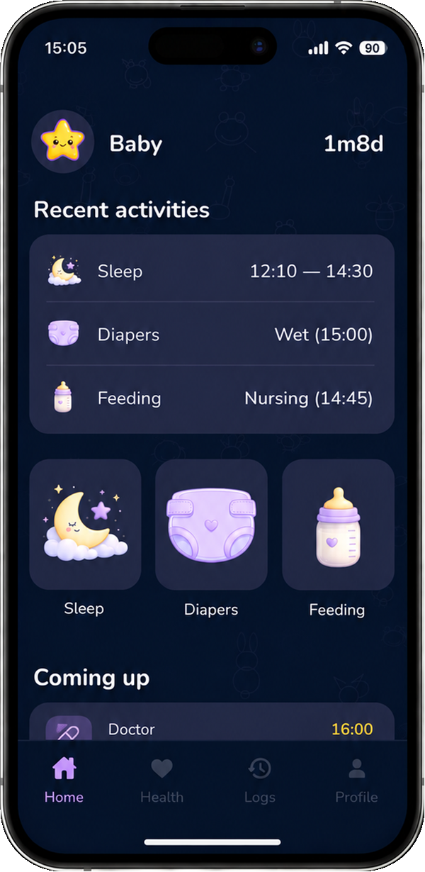 heymama baby app home screen showing recent activities